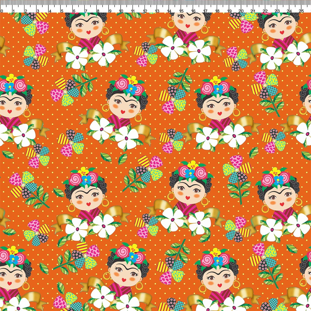 TECIDO TRICOLINE ESTAMPADO MENINA FLOR LARANJA AFONSO FRANCO RETALHO 50X50 CM