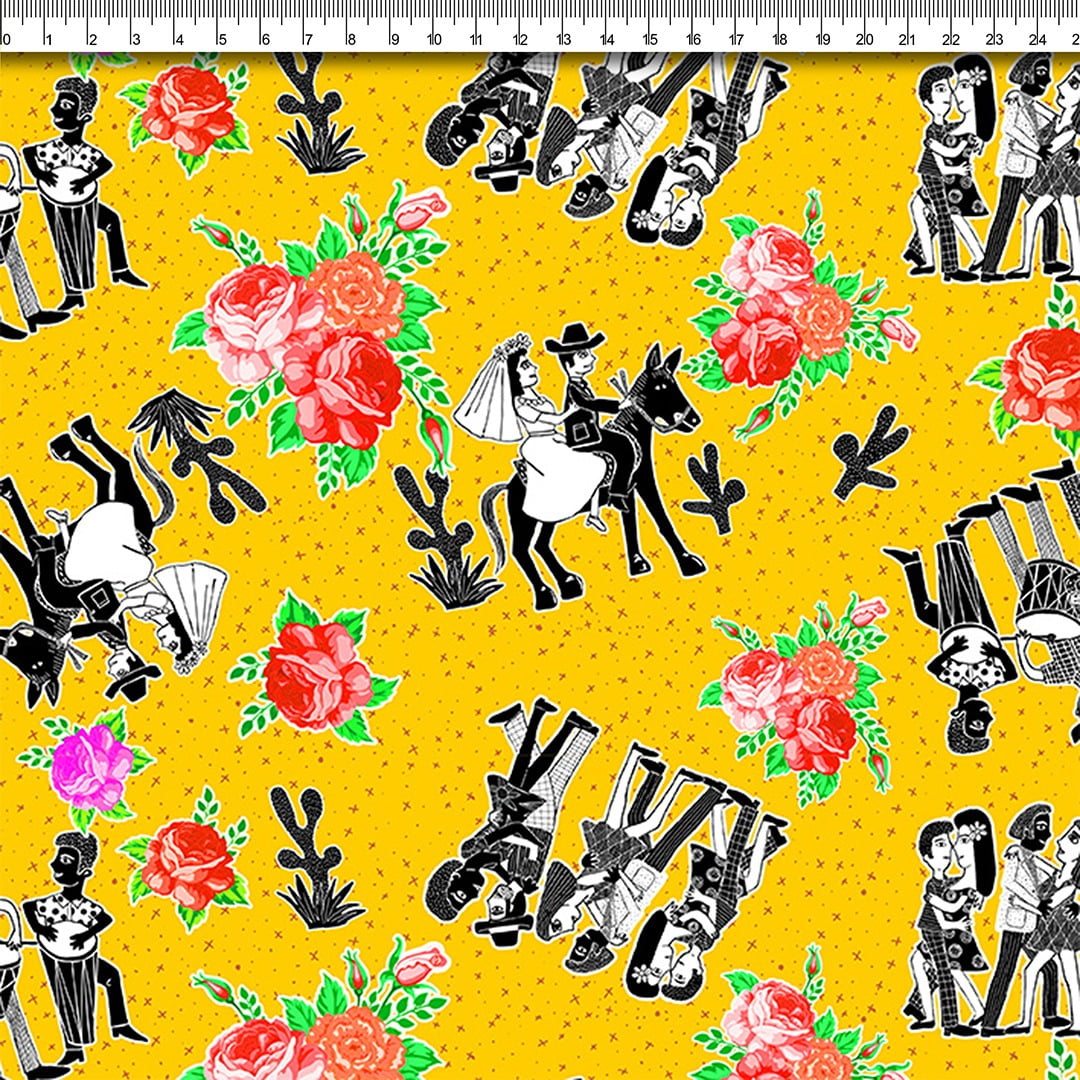 TECIDO TRICOLINE ESTAMPADO CORDEL E ROSAS AMARELO AFONSO FRANCO retalho 50x75 cm