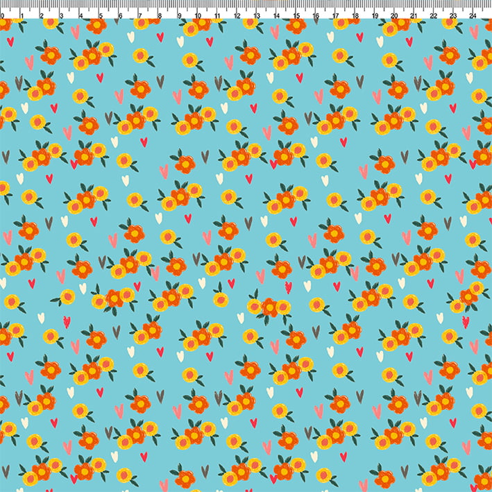 TECIDO TRICOLINE AFONSO FRANCO - ESTAMPA DIGITAL - CORAÇÕES E FLORES  retalho 50x75cm