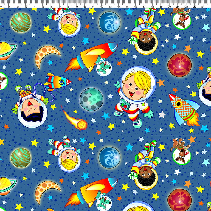 TECIDO TRICOLINE ESTAMPADO ASTRONAUTAS AFONSO FRANCO retalho 50x75 cm