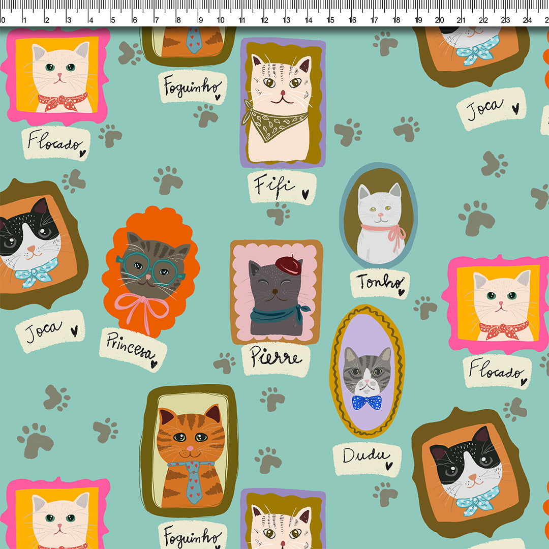 TECIDO TRICOLINE ESTAMPADO GATO CIANO AFONSO FRANCO