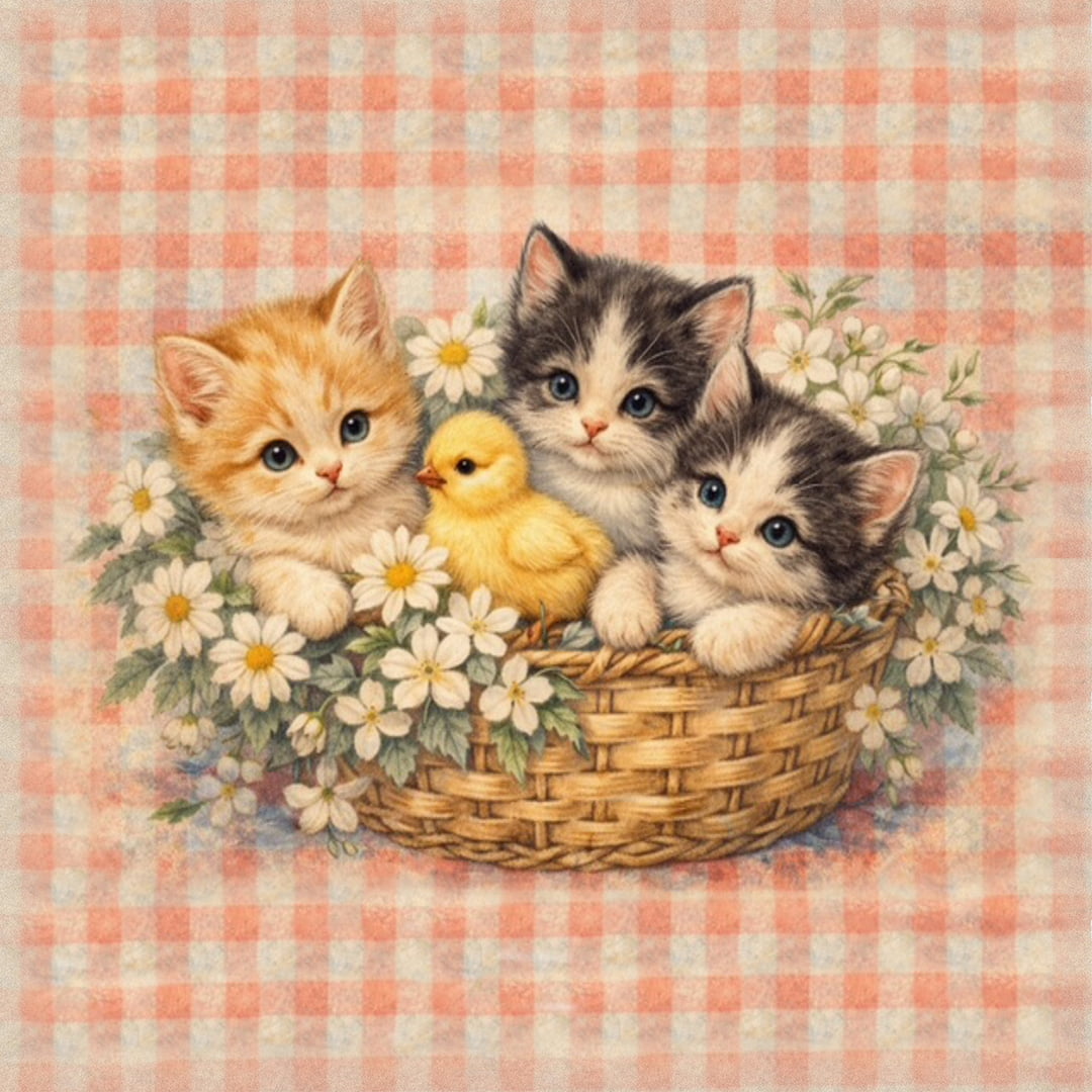 TECIDO TRICOLINE ESTAMPADO PAINEL GATINHOS NO CESTO FLORES AFONSO FRANCO 