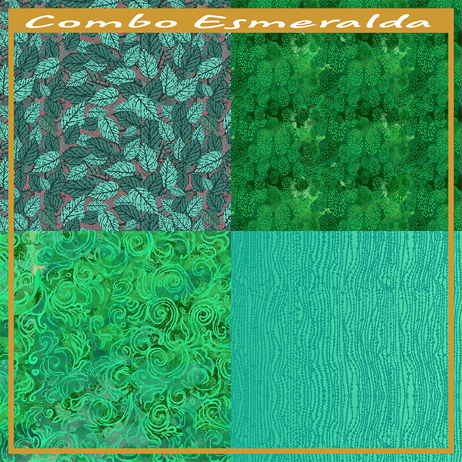 COMBO ESMERALDA EM TRICOLINE ESTAMPADO BATIKS E ESTONADOS AFONSO FRANCO 4 cortes de 35 cm x 1,50 m   