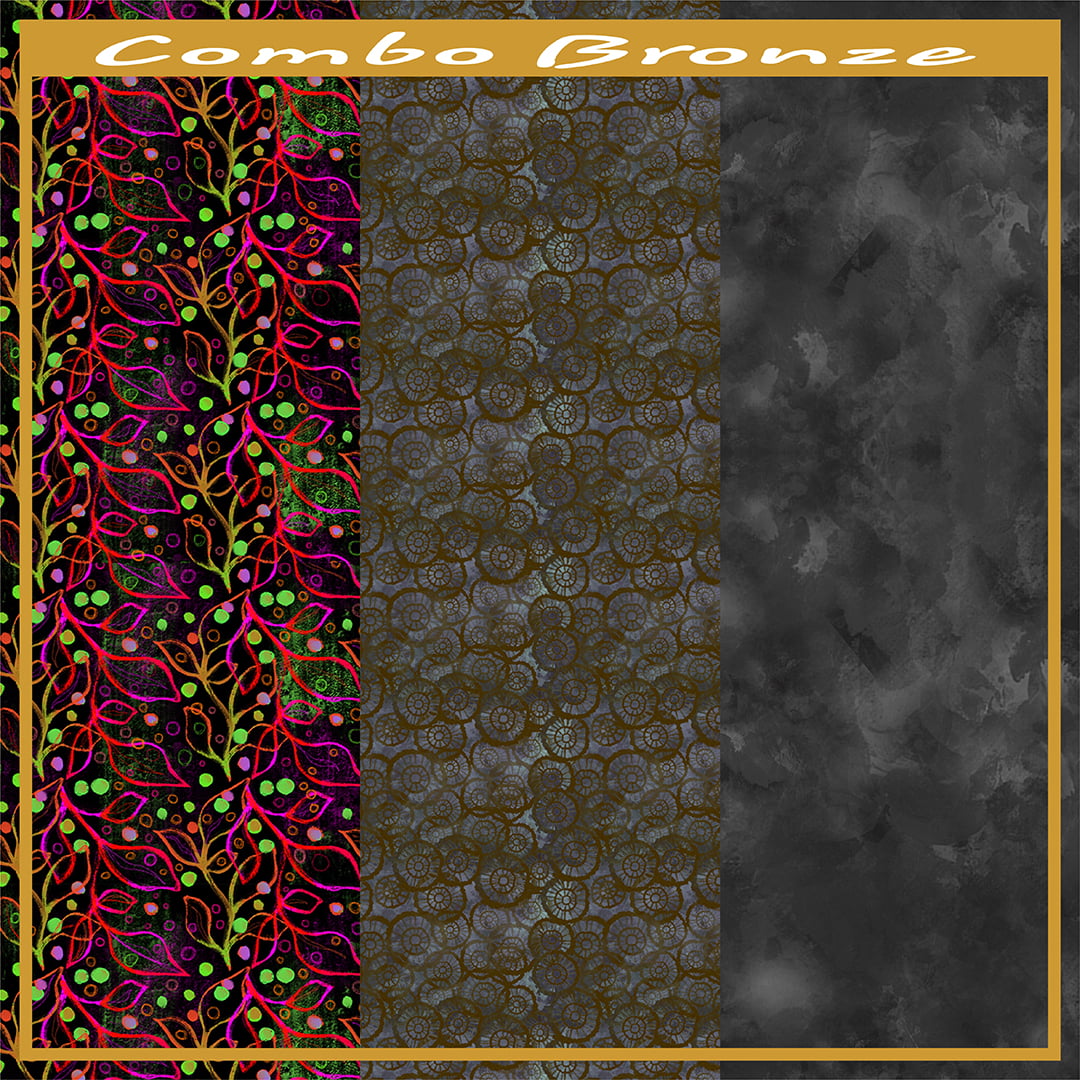 COMBO BRONZE EM TRICOLINE ESTAMPADO BATIKS E ESTONADOS AFONSO FRANCO 3 cortes de 50 cm x 50 cm