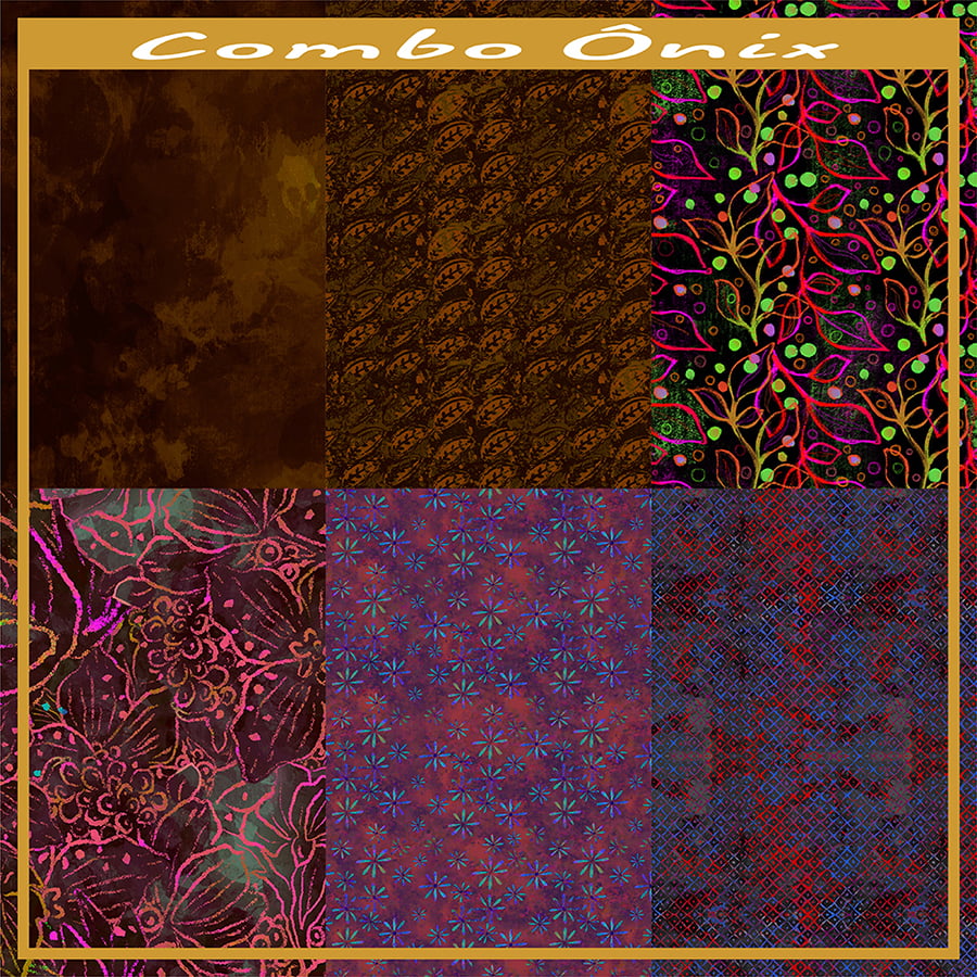 COMBO ÔNIX DE TRICOLINE ESTAMPADO BATIKS E ESTONADOS  AFONSO FRANCO 6 cortes de 50 cm x 50 cm