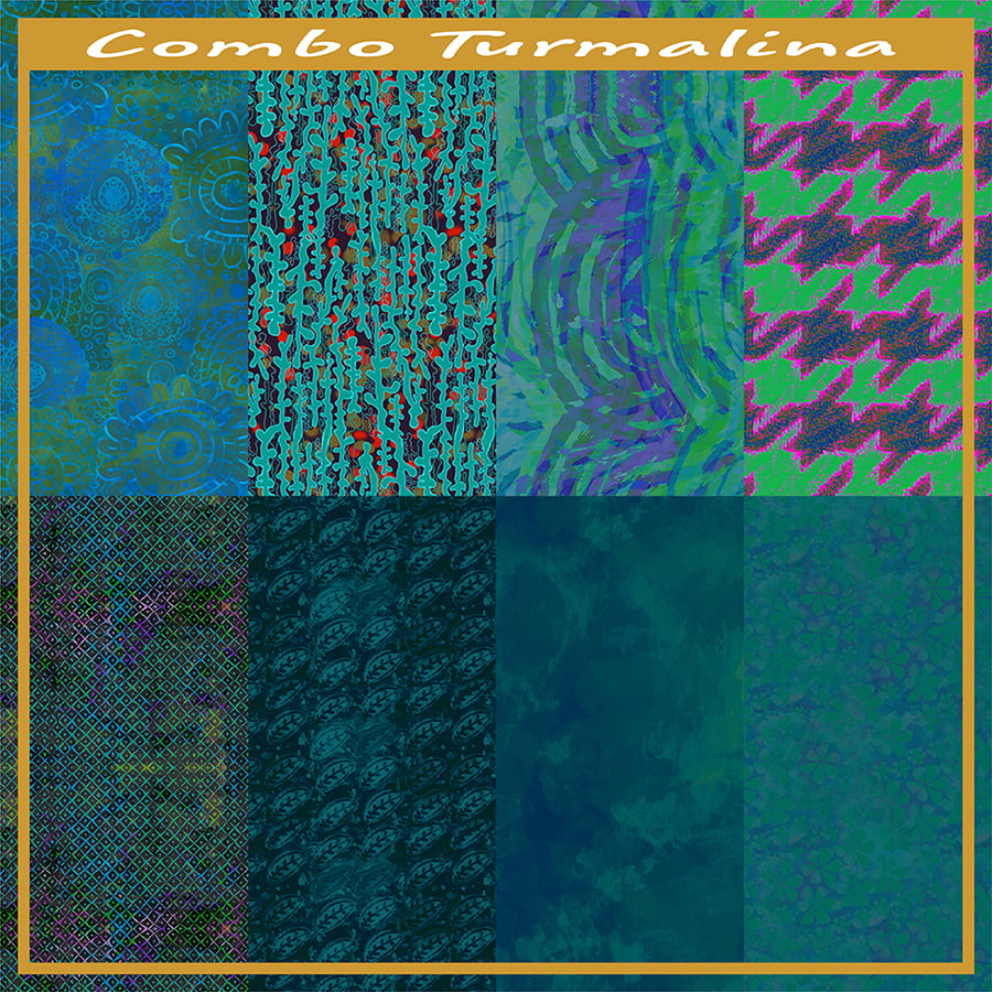 COMBO TURMALINA DE TRICOLINE ESTAMPADO BATIKS E ESTONADOS  AFONSO FRANCO 8 cortes de 50 cm x 50 cm