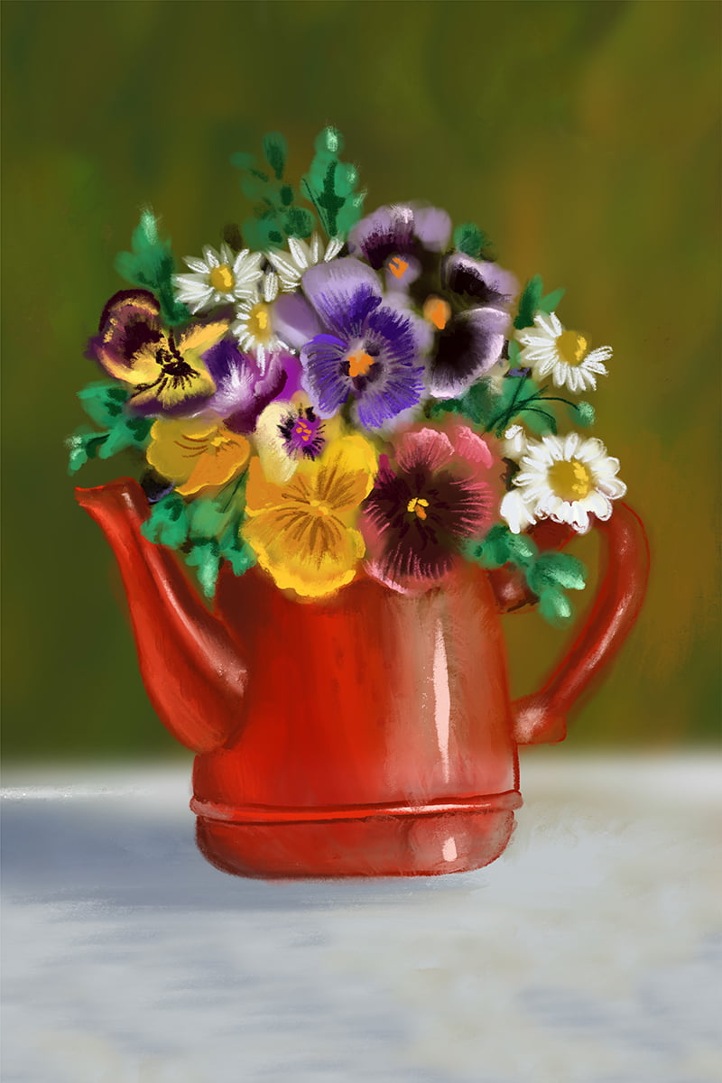 TECIDO TRICOLINE ESTAMPADO VASO DE FLORES AMOR PERFEITO PAINEL AFONSO FRANCO 48 CM X 72 CM 