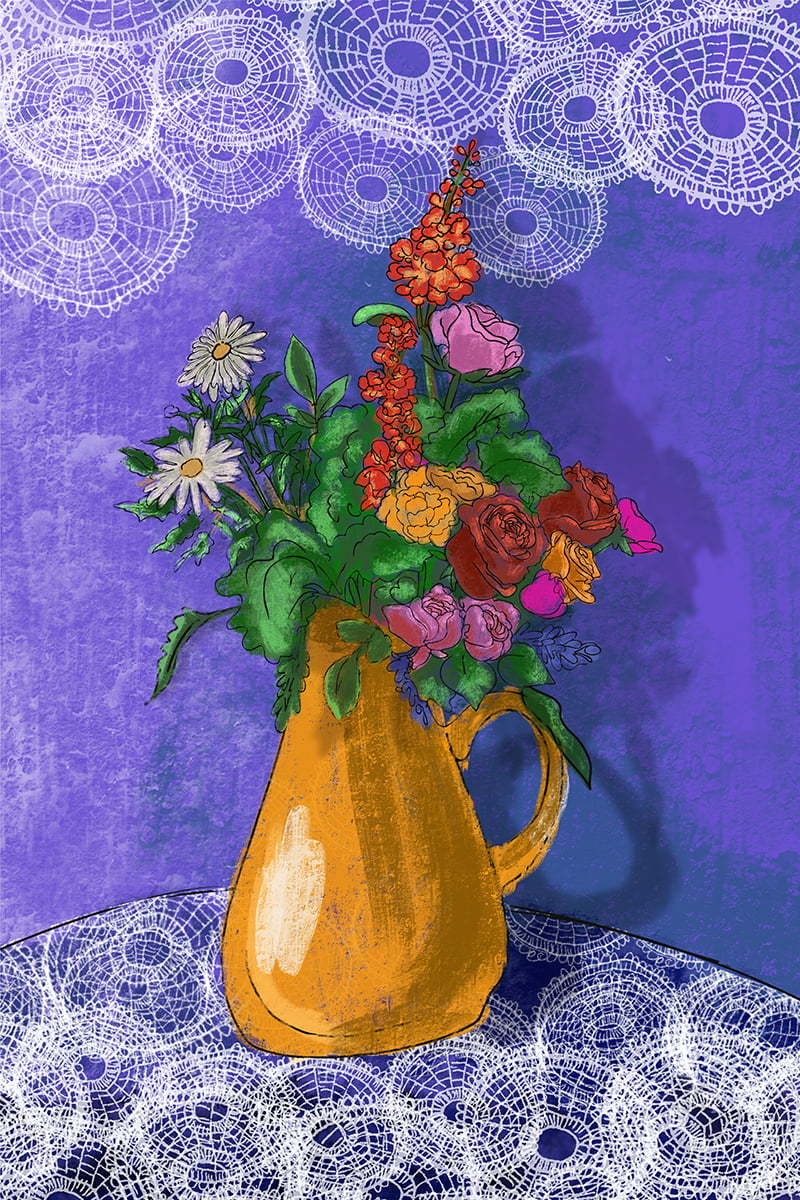 TECIDO TRICOLINE ESTAMPADO VASO DE FLORES CINTIA PAINEL AFONSO FRANCO 48 CM X 72 CM 