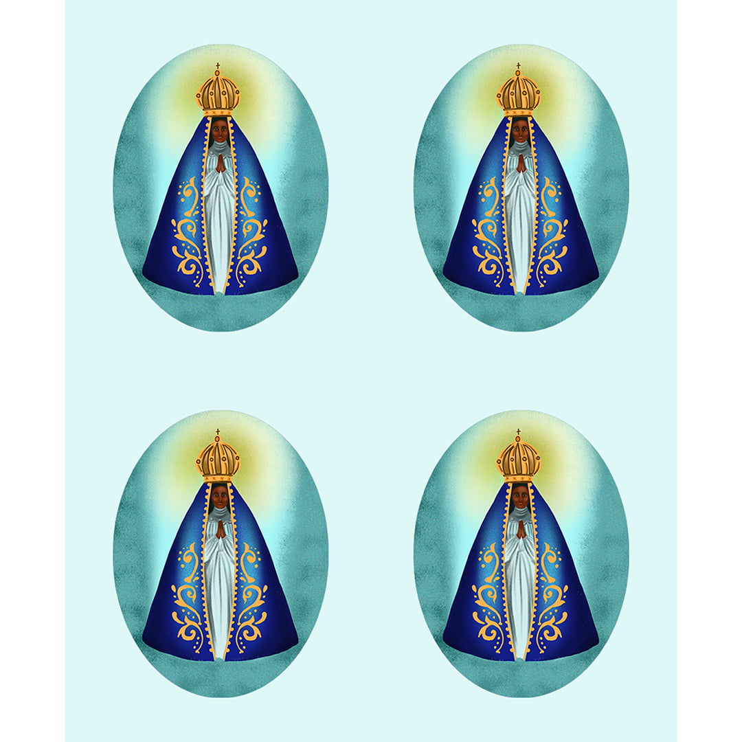 TECIDO TRICOLINE ESTAMPADO NOSSA SENHORA APARECIDA 4 MINI  PATCHES AFONSO FRANCO 3X4 CM CADA