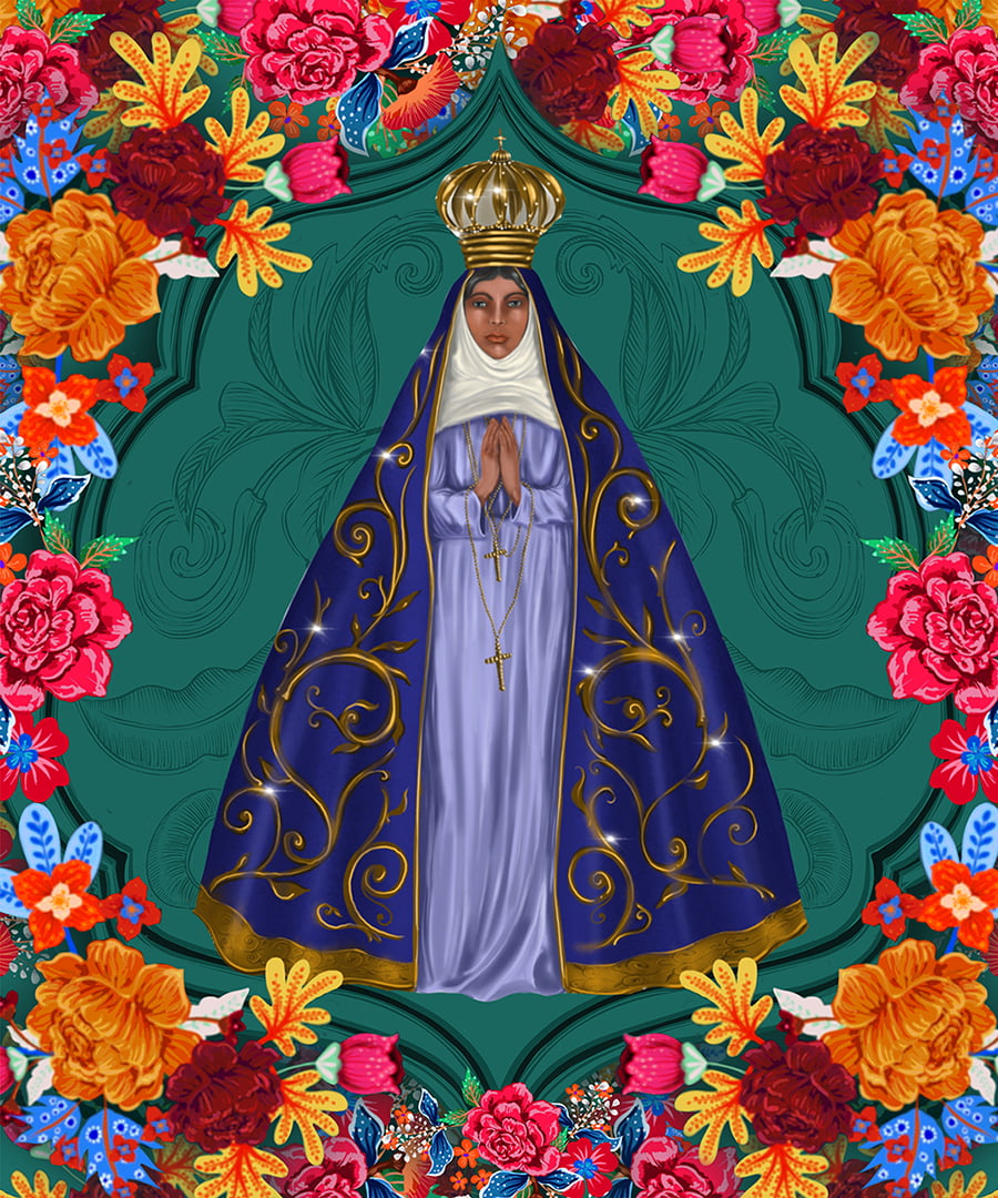 TECIDO TRICOLINE ESTAMPADO NOSSA SENHORA DA APARECIDA PAINEL AFONSO FRANCO 30x25cm