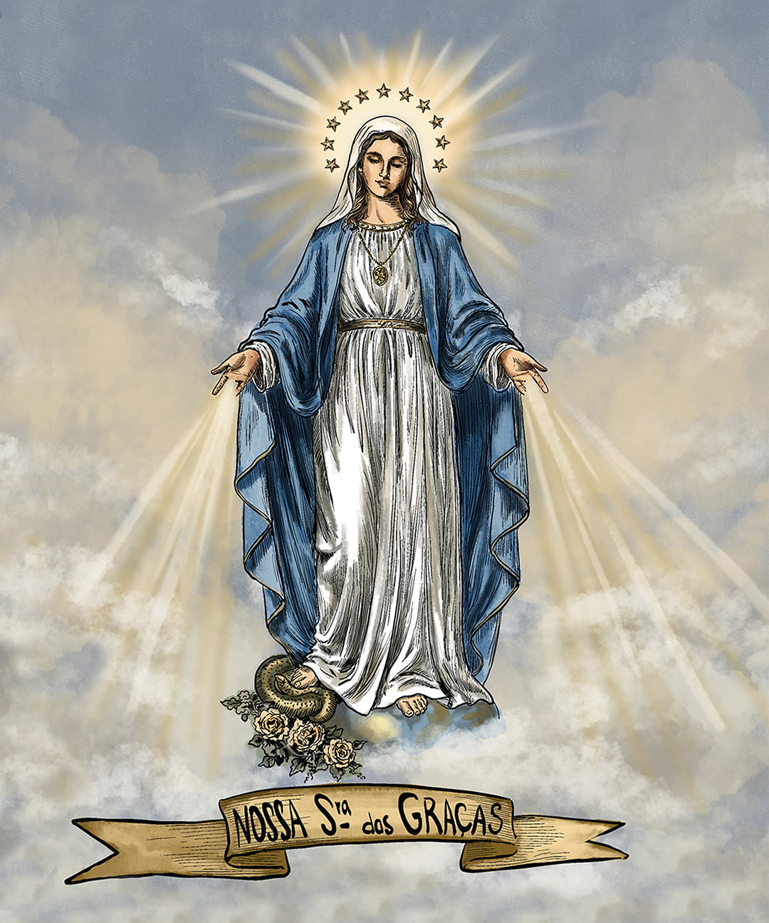 TECIDO TRICOLINE ESTAMPADO NOSSA SENHORA DAS GRAÇAS 26 PATCH AFONSO FRANCO