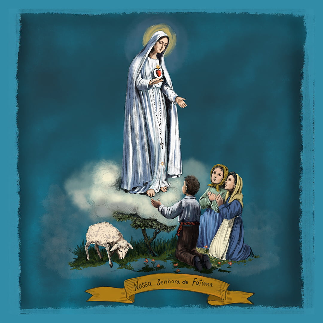 TECIDO TRICOLINE ESTAMPADO NOSSA SENHORA DE FATIMA PAINELAFONSO FRANCO