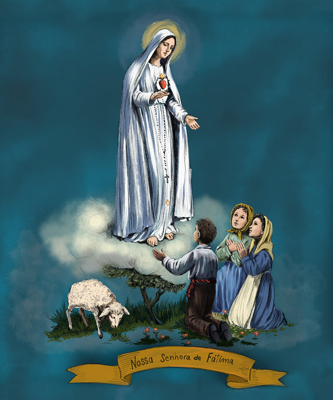TECIDO TRICOLINE ESTAMPADO NOSSA SENHORA DE FATIMA PAINELAFONSO FRANCO