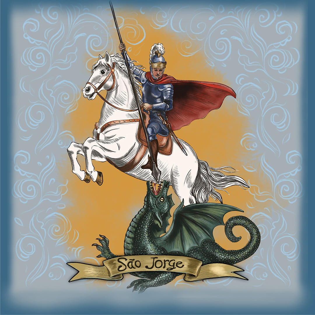 TECIDO TRICOLINE ESTAMPADO  PODEROSO SÃO JORGE PATCH AFONSO FRANCO
