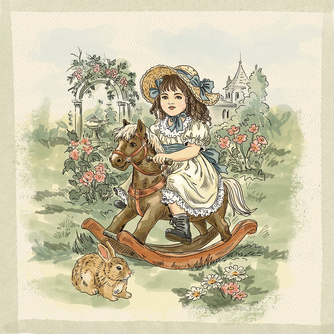 TECIDO TRICOLINE ESTAMPADO PAINEL ESTILO VINTAGE MENINA NO CAVALINHO DE BALANÇO AFONSO FRANCO 