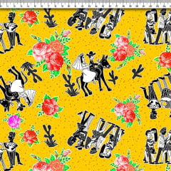TECIDO TRICOLINE ESTAMPADO CORDEL E ROSAS AMARELO AFONSO FRANCO retalho 50x75 cm