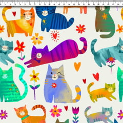 TECIDO TRICOLINE ESTAMPADO GATINHOS COLORIDOS  AFONSO FRANCO